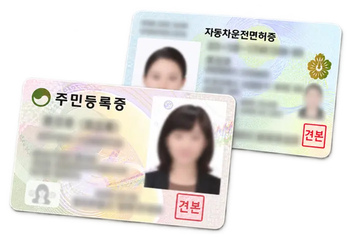 이름과 번호 등 개인정보를 흐리게 처리한 주민등록증·운전면허증 견본